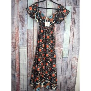 Women Boho Summer Medallion Print Off Shoulder Maxi Dress Brown Orange Blue